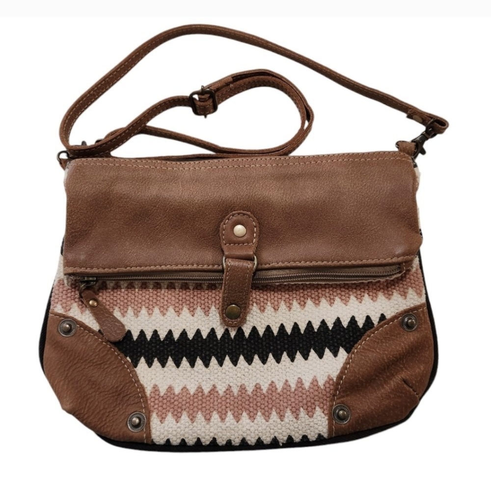 Brand New Myra Crossbody Bag Zig Zag Cotton Leather Fold Over Purse